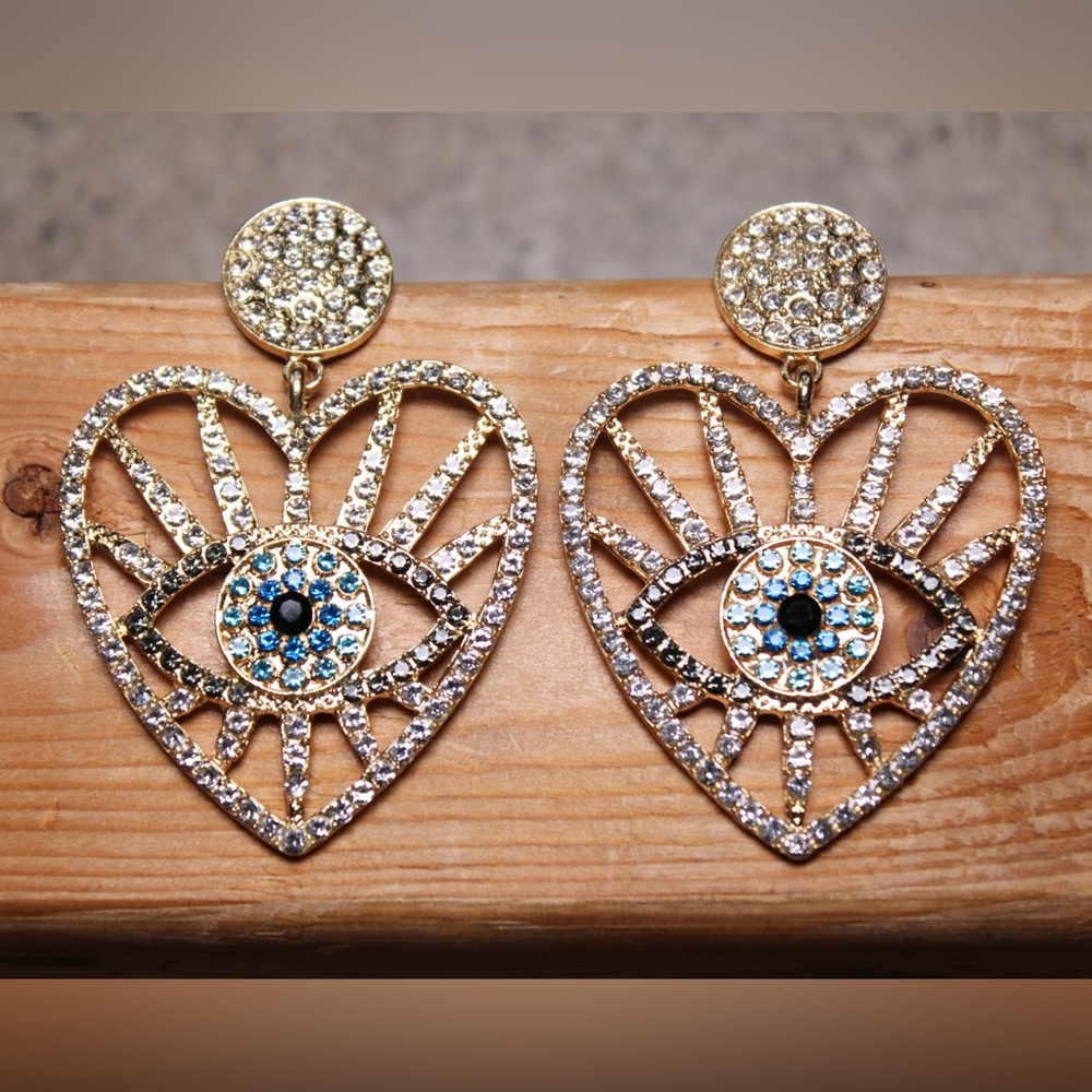 52J. Evil Eye Silver Rhinestone Heart Earrings